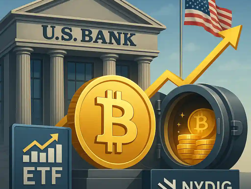 Illustration d’un bâtiment U.S. Bank avec un Bitcoin géant, un coffre-fort ouvert rempli de pièces, un logo ETF et NYDIG, et un drapeau américain flottant.