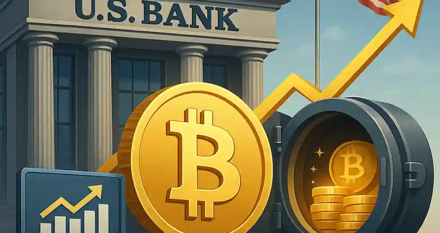 Illustration d’un bâtiment U.S. Bank avec un Bitcoin géant, un coffre-fort ouvert rempli de pièces, un logo ETF et NYDIG, et un drapeau américain flottant.