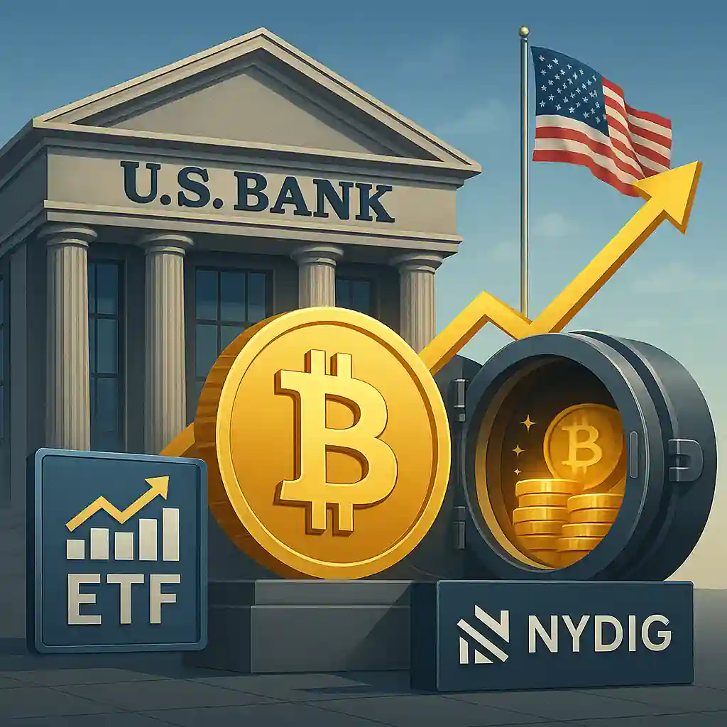 Illustration d’un bâtiment U.S. Bank avec un Bitcoin géant, un coffre-fort ouvert rempli de pièces, un logo ETF et NYDIG, et un drapeau américain flottant.