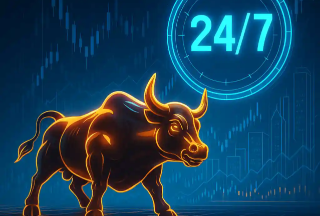 Taureau de Wall Street futuriste en néon doré, devant une horloge holographique 24/7 et des graphiques financiers.