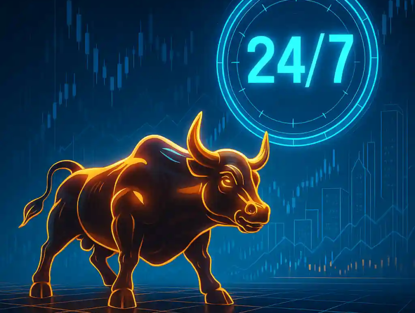 Taureau de Wall Street futuriste en néon doré, devant une horloge holographique 24/7 et des graphiques financiers.