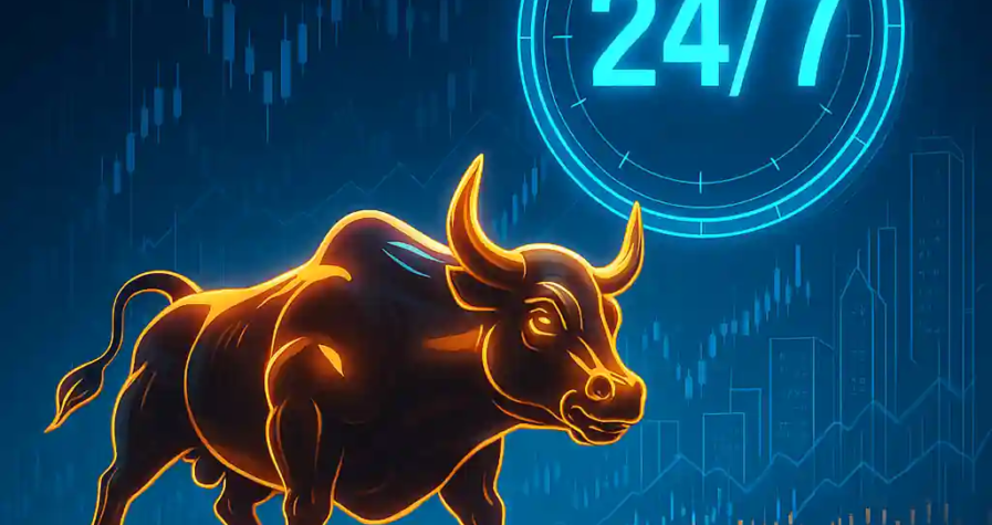 Taureau de Wall Street futuriste en néon doré, devant une horloge holographique 24/7 et des graphiques financiers.
