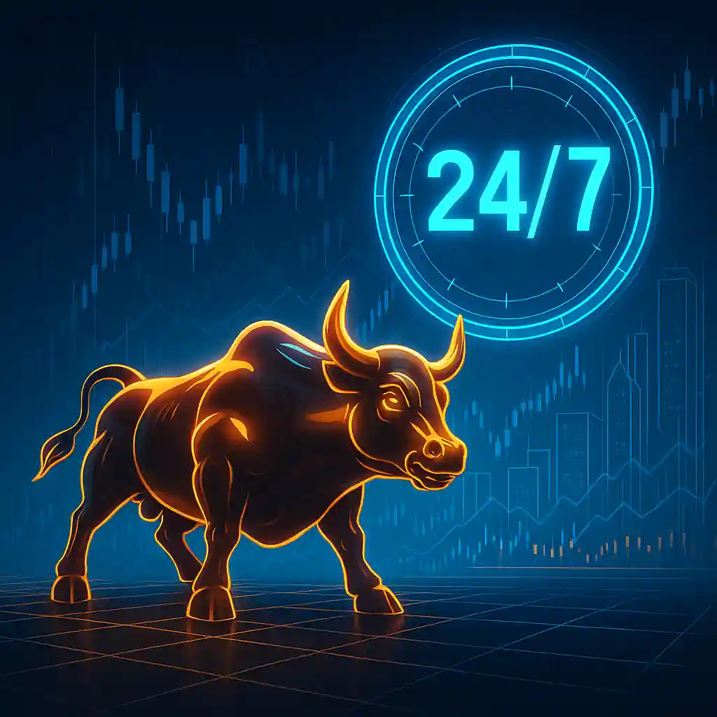 Taureau de Wall Street futuriste en néon doré, devant une horloge holographique 24/7 et des graphiques financiers.